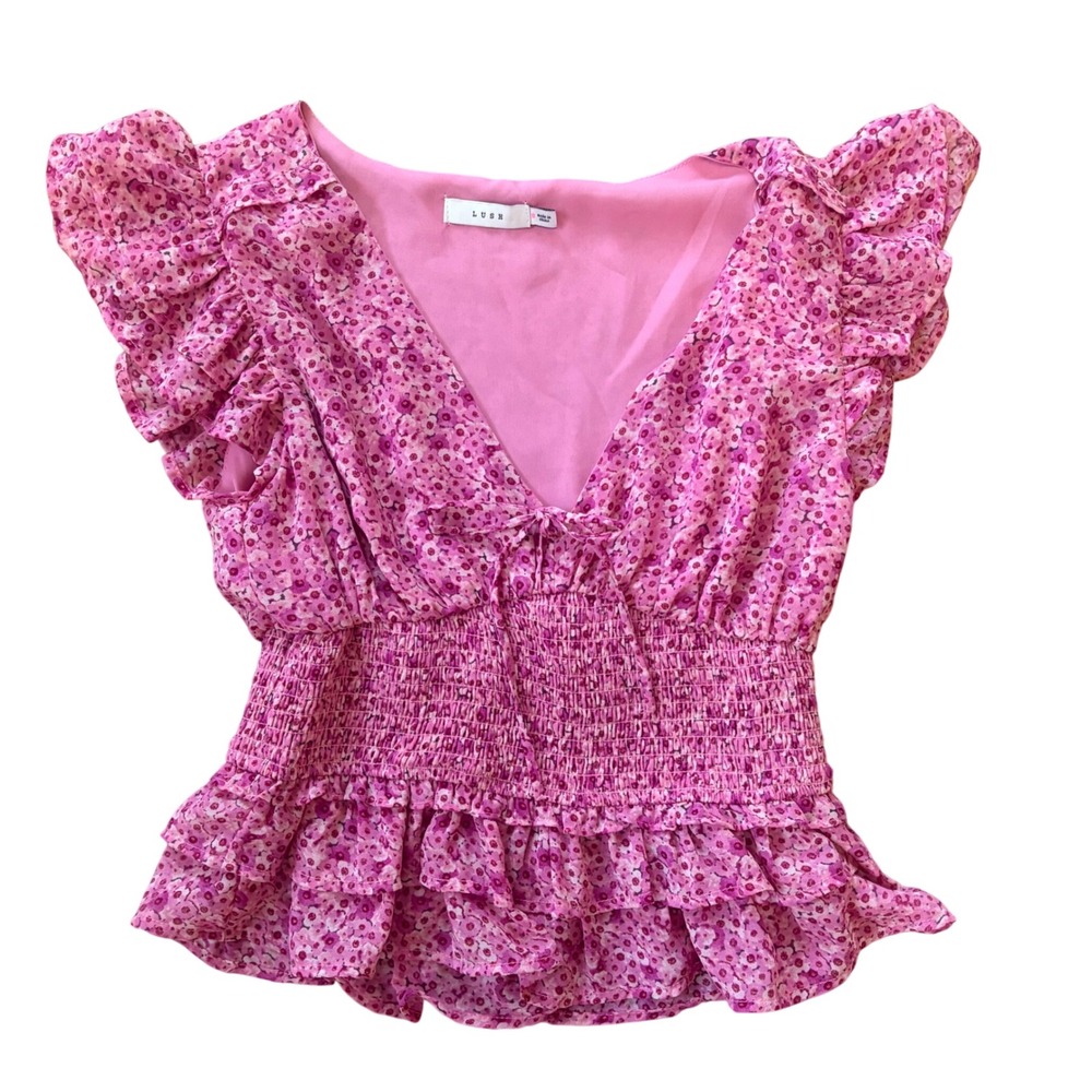 Lush Pink Floral Smocked Peplum Top Sz Small Ruffle Sleeve Cottagecore Soft Girl - Picture 4 of 8